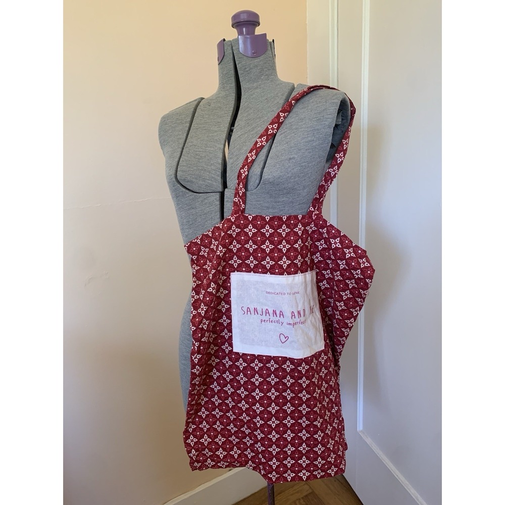 Sanjana And Me Red White Floral Pattern Cotton Tote Bag Handbag